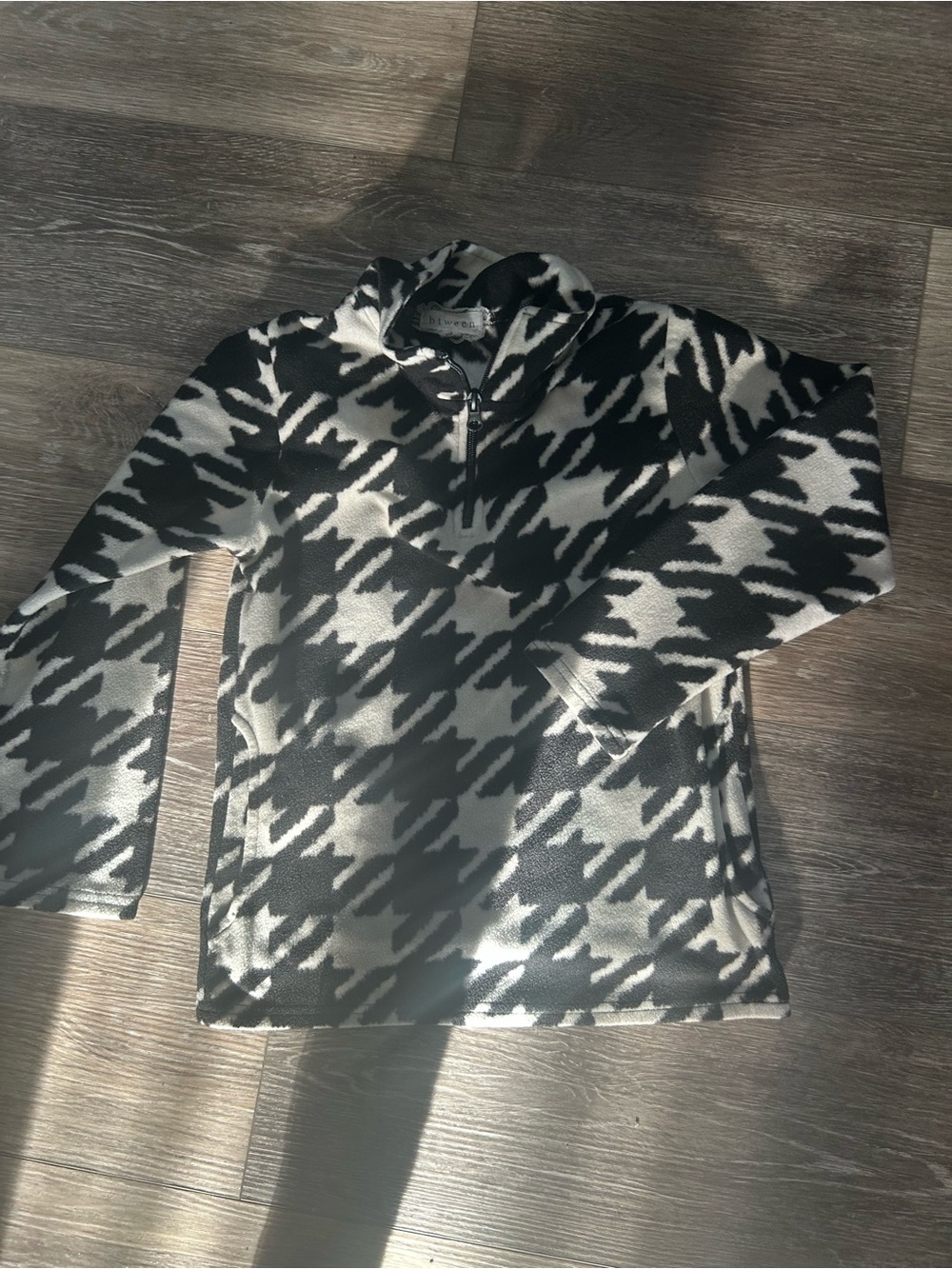 Girl’s Black & White Houndstooth Quarter-Zip Sweater